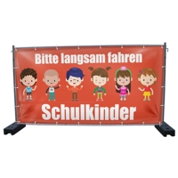 340 x 173 cm | Langsam fahren Schulkinder Bauzaunbanner (1966)