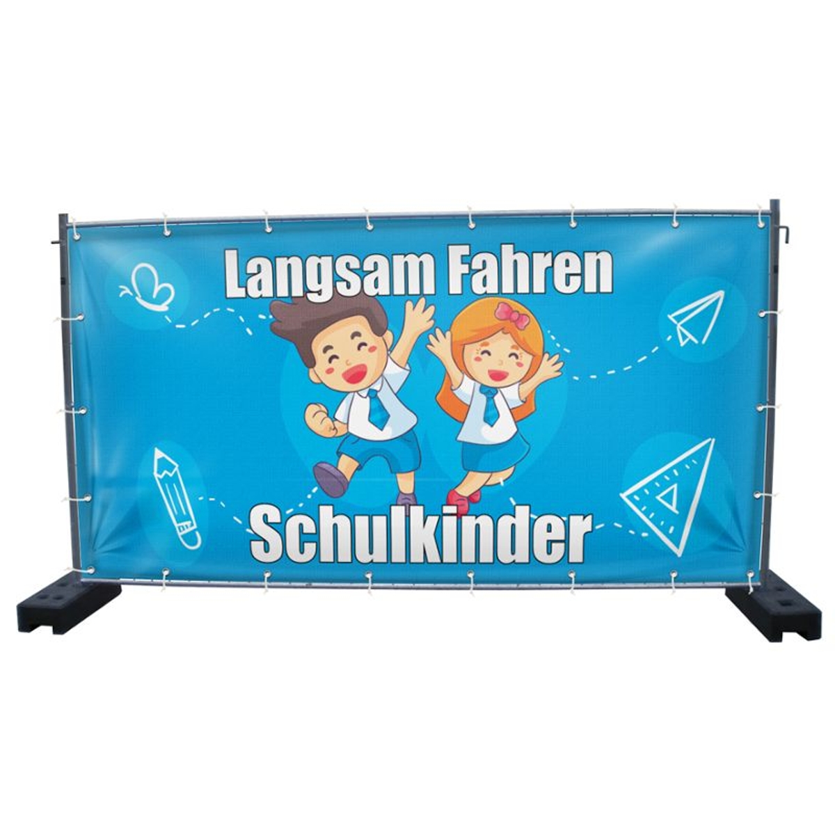 340 x 173 cm | Langsam fahren Schulkinder Bauzaunbanner (1968)