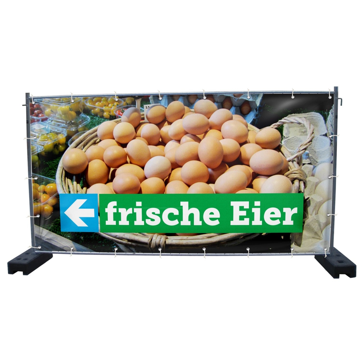 340 x 173 cm | Frische Eier Bauzaunbanner, Motiv, PVC, Mesh V1