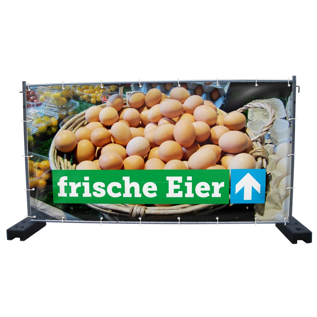 340 x 173 cm | Frische Eier Bauzaunbanner, Motiv, PVC, Mesh V1